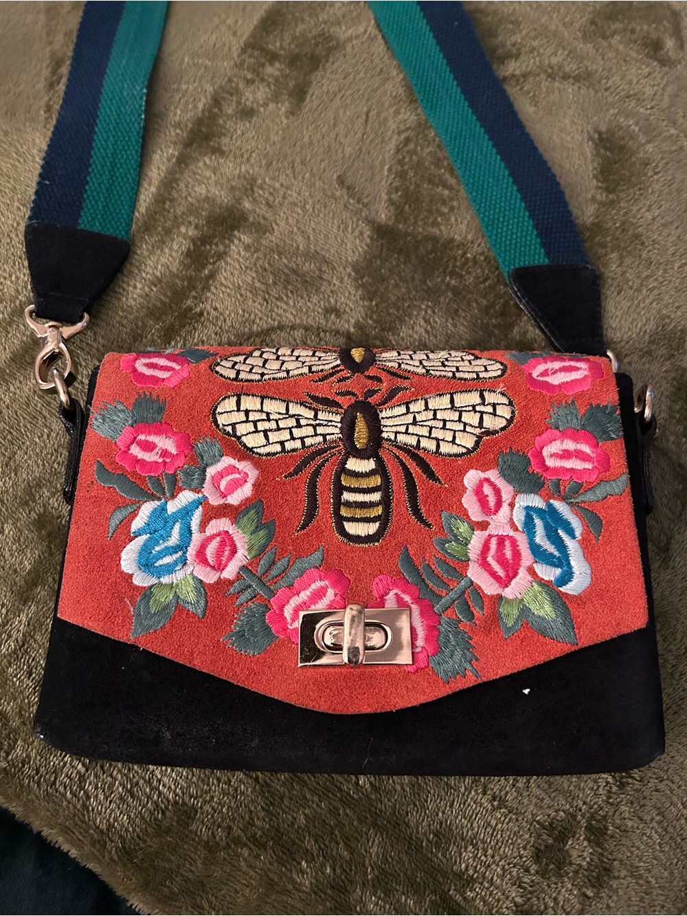 Free People Embroidered Suede Bee Crossbody Bag - Excellent Condition